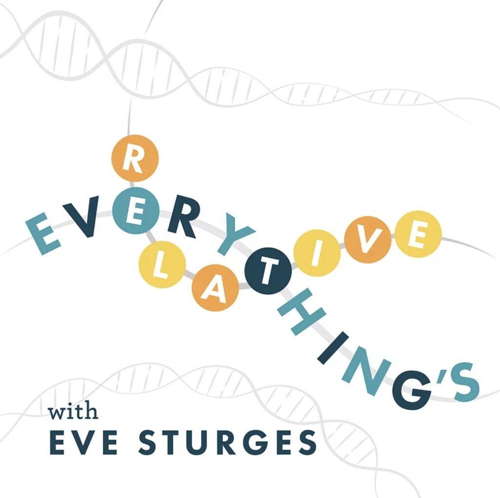 Everything's Relative podcast graphic showing the double helix of DNA.
